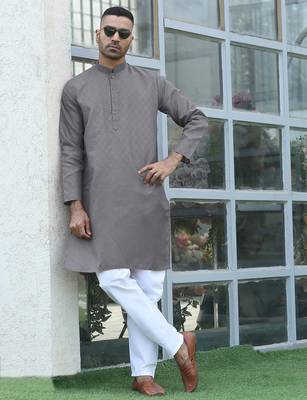 Cotton blend woven self desing grey kurta and pyjamas 1