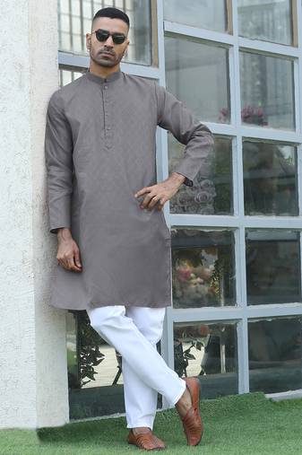 Cotton blend woven self desing grey kurta and pyjamas
