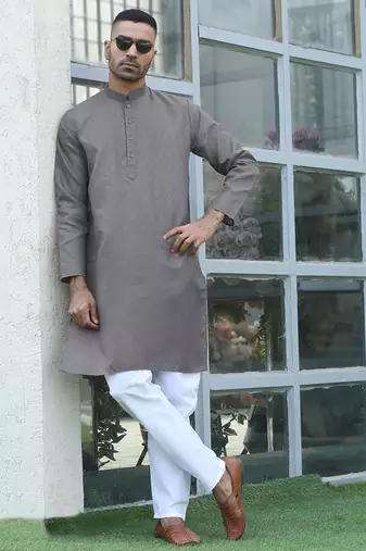 Cotton blend woven self desing grey kurta and pyjamas