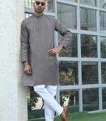 Cotton blend woven self desing grey kurta and pyjamas