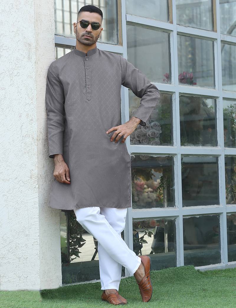 Cotton blend woven self desing grey kurta and pyjamas