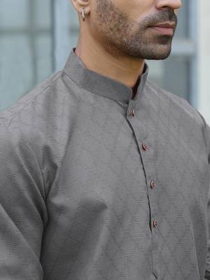 Cotton blend woven self desing grey kurta and pyjamas 2