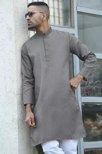 Cotton blend woven self desing grey kurta and pyjamas
