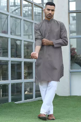Cotton blend woven self desing grey kurta and pyjamas