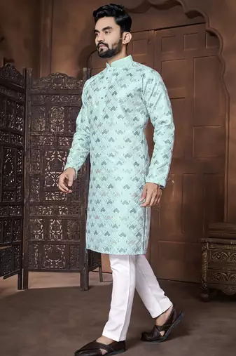 Sky embroidery thread work men's kurta and Pyjamas for Mens