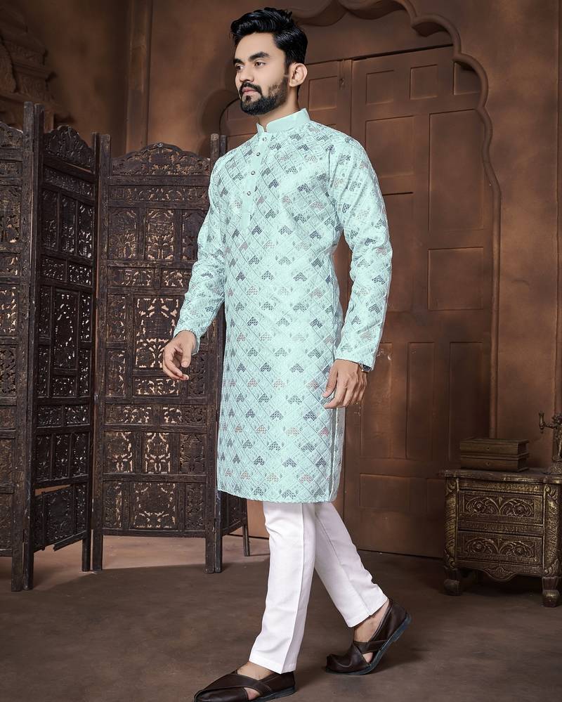 Sky embroidery thread work men's kurta and Pyjamas for Mens