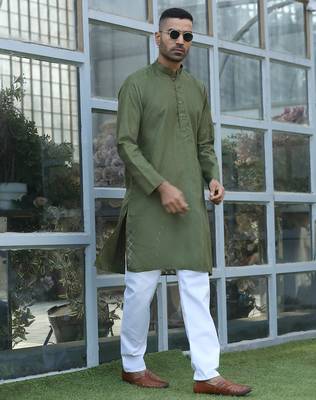 Cotton blend woven self desing olive green kurta and pyjamas 1