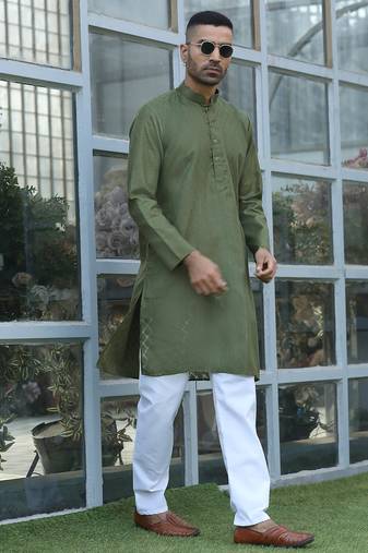 Cotton blend woven self desing olive green kurta and pyjamas
