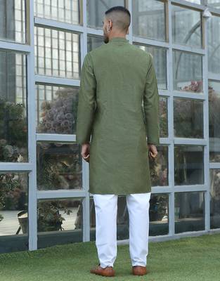Cotton blend woven self desing olive green kurta and pyjamas 3