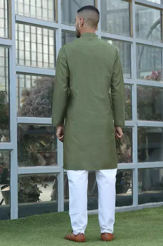 Cotton blend woven self desing olive green kurta and pyjamas