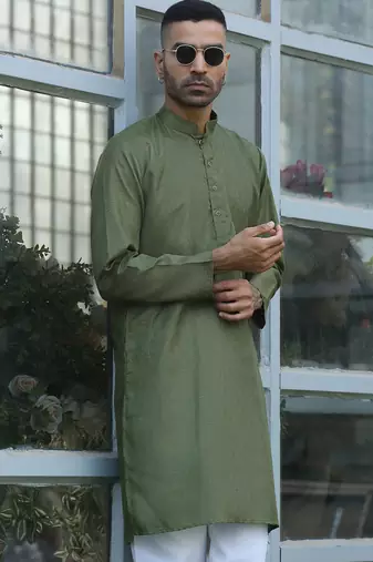 Cotton blend woven self desing olive green kurta and pyjamas