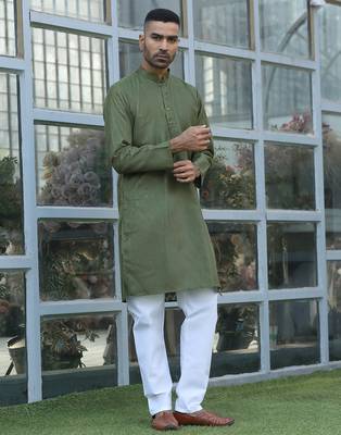 Cotton blend woven self desing olive green kurta and pyjamas 5