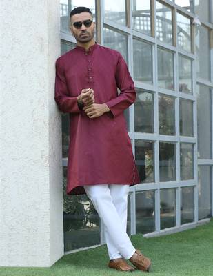 Cotton blend woven self desing maroon kurta and pyjamas 1