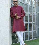 Cotton blend woven self desing maroon kurta and pyjamas