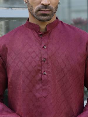 Cotton blend woven self desing maroon kurta and pyjamas 2
