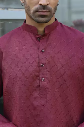 Cotton blend woven self desing maroon kurta and pyjamas