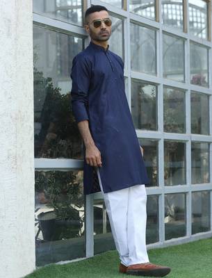 Cotton blend woven self desing navy blue kurta and pyjamas 1