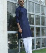 Cotton blend woven self desing navy blue kurta and pyjamas