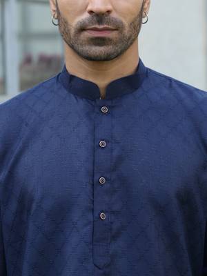 Cotton blend woven self desing navy blue kurta and pyjamas 2