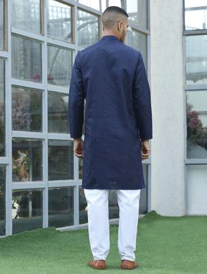 Cotton blend woven self desing navy blue kurta and pyjamas 3