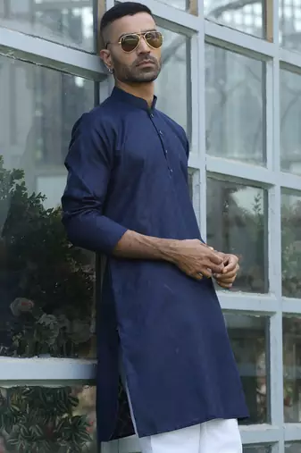 Cotton blend woven self desing navy blue kurta and pyjamas