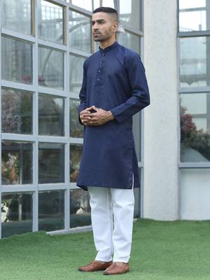 Cotton blend woven self desing navy blue kurta and pyjamas 5