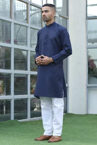 Cotton blend woven self desing navy blue kurta and pyjamas