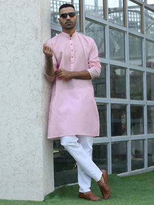 Cotton blend woven self desing pink kurta and pyjamas 1