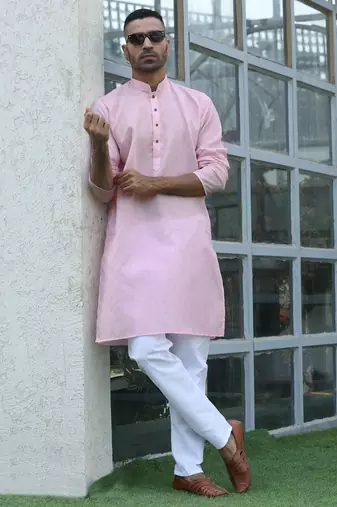 Cotton blend woven self desing pink kurta and pyjamas
