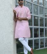 Cotton blend woven self desing pink kurta and pyjamas