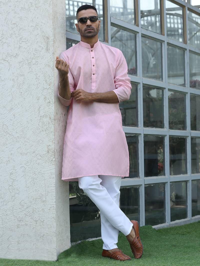 Cotton blend woven self desing pink kurta and pyjamas