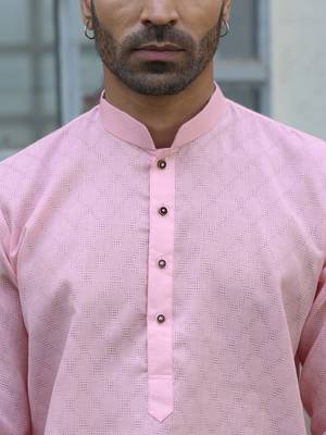 Cotton blend woven self desing pink kurta and pyjamas 2