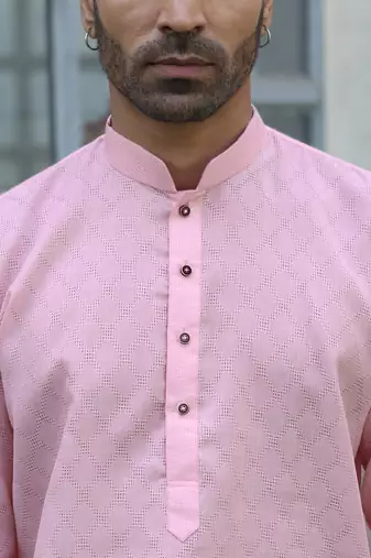 Cotton blend woven self desing pink kurta and pyjamas