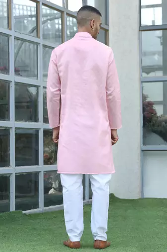 Cotton blend woven self desing pink kurta and pyjamas