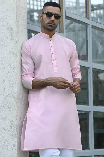 Cotton blend woven self desing pink kurta and pyjamas