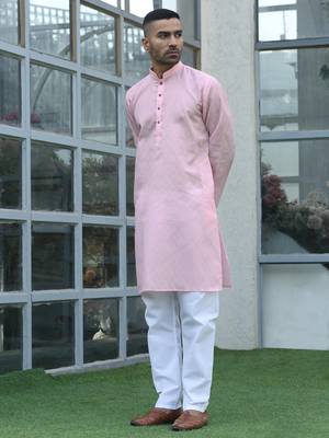 Cotton blend woven self desing pink kurta and pyjamas 5