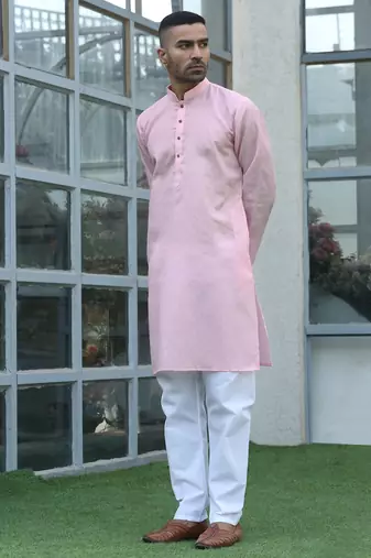 Cotton blend woven self desing pink kurta and pyjamas