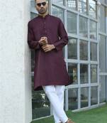 Cotton blend woven self desing purple kurta and pyjamas