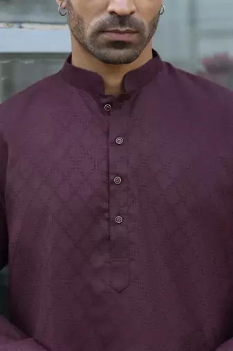 Cotton blend woven self desing purple kurta and pyjamas