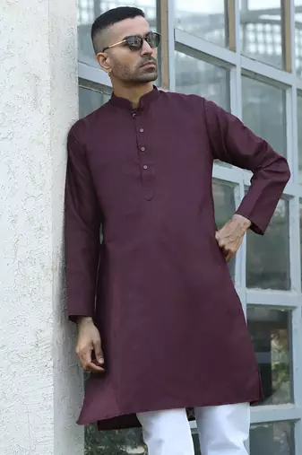Cotton blend woven self desing purple kurta and pyjamas