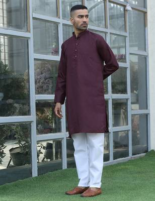 Cotton blend woven self desing purple kurta and pyjamas 5