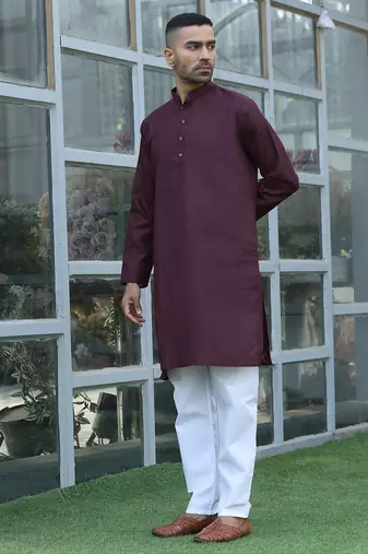 Cotton blend woven self desing purple kurta and pyjamas