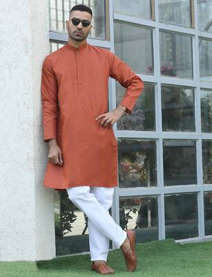 Cotton blend woven self desing rust kurta and pyjamas 1