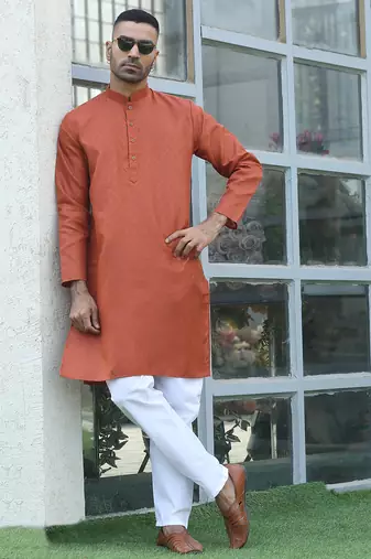 Cotton blend woven self desing rust kurta and pyjamas