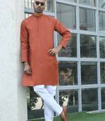 Cotton blend woven self desing rust kurta and pyjamas