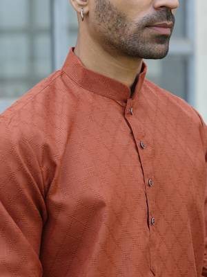 Cotton blend woven self desing rust kurta and pyjamas 2