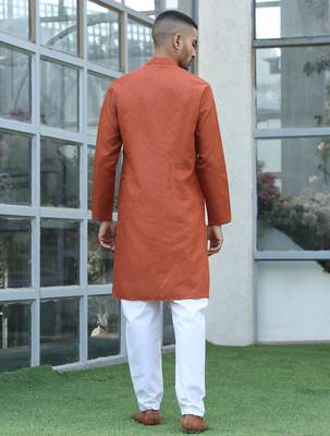 Cotton blend woven self desing rust kurta and pyjamas 3