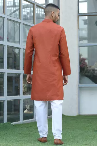 Cotton blend woven self desing rust kurta and pyjamas
