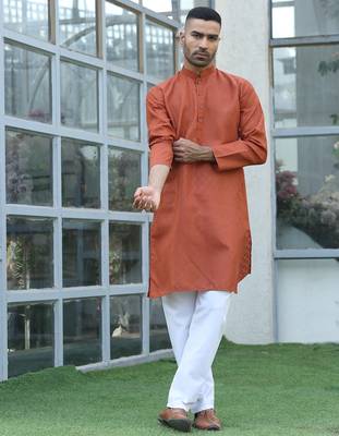 Cotton blend woven self desing rust kurta and pyjamas 5