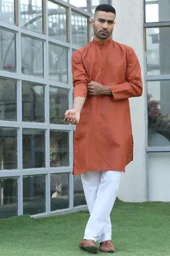 Cotton blend woven self desing rust kurta and pyjamas